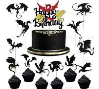Huaxintoys 25 Pièces Dragon Paillettes Gâteau Topper, Dragon Cupcake Topper, Dragon Noir Décoration de Gâteau, Pour fête sur le Thème du Dragon, Fête D'Anniversaire, Fête Prénatale, Noir Pailleté