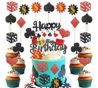 Huaxintoys Decoration de Gateau Casino, Las Vegas Party Cake Topper, Jetons Décoration, Poker, Dés et Or Sacs, Tirelire Machine à Sous, Pokers de Fête Décorations Gâteaux (25 pièces)