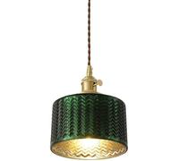 HUAYUSEDF Green Glass Pendant Light Vintage Modern Drum Lighting Fixtures Kitchen Island Antique Gold Farmhouse Ceiling Hanging Lamp Small Chandelier for Dining Room Table Bedroom Hallway Bar Cafe