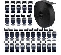 HUAZIZ 10m Sangle Nylon 25 mm avec 30Pcs Boucles en Plastiques, Boucle Plastique Noir Clip Fermoir pour Sangle, Accessoires de Sac à Dos, Tente, Sac à Dos Enfant, Collier de Chien, 30Pcs Curseur