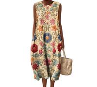 HuazomeeHZM Robe midi sans Manches à col en O pour Femmes Jupe Longue rétro imprimée Artistique colorée avec Poche latérale Casual Loose Fit Pull Robes d’été