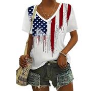 HuazomeeHZM T-Shirt Femme imprimé d'étoiles Tops Taille Plus Drapeau de l'Amérique Vêtements d'été pour Femmes Chemisier à Manches Courtes et col en V