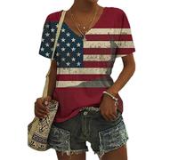 HuazomeeHZM T-Shirt Femme imprimé d'étoiles Tops Taille Plus Drapeau de l'Amérique Vêtements d'été pour Femmes Chemisier à Manches Courtes et col en V