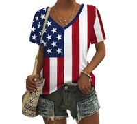 HuazomeeHZM T-Shirt Femme imprimé d'étoiles Tops Taille Plus Drapeau de l'Amérique Vêtements d'été pour Femmes Chemisier à Manches Courtes et col en V