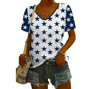 HuazomeeHZM T-Shirt Femme imprimé d'étoiles Tops Taille Plus Drapeau de l'Amérique Vêtements d'été pour Femmes Chemisier à Manches Courtes et col en V