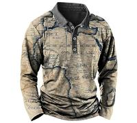 HuazomeeHZM Vintage Carte du Monde Impression 3D Hommes Manches Longues Chemise Polo Casual Col à Revers Bouton Chemise Golf Haut Athlétique Rue Haut