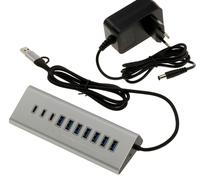 KALEA-INFORMATIQUE Hub USB3 Aluminium 10 Ports A et C | Hub USB 3.0 en aluminium à dix ports, comprenant sept ports USB Type-A et trois ports USB Type-C, avec alimentation 12 V 3 A.