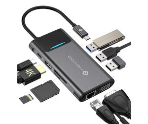 Hub type C 9 en 1, Multiport Adaptateur USB C vers Dual HDMI, PD 100W, USB 2.0, Stations d'accueil USB C pour Dell HP Lenovo ASUS Microsoft