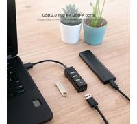 Hub USB 2.0 avec 4 Ports USB-A Femelle et Un câble USB A mâle intégré de 15 cm de Long. Couleur : Noir. Idéal pour étendre Les connexions USB de Vos appareils.