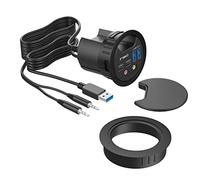 HUB USB 3.0 | 4 Ports | 2 Ports USB-C | 2 Ports USB-A | Audio I/O | Montage dans Un Trou de Bureau de 60 mm | Longueur du câble 150 cm | Couvercle Anti-poussière | Anneau d'encastrement 80 mm