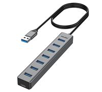 Hub USB 3.0 7 ports avec câble de 100 cm, rallonge USB en aluminium avec multi-USB 3.0 5 Gbps et port 5 V/3 V Type-C, adaptateur multiport USB répartiteur pour ordinateur portable PC