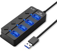 Hub USB 3.0 7 Ports avec Interrupteur Séparé et LED, Multi Port USB Hub Alimenté Adaptateur pour Transfert Données De Données & Charge Rapide