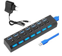 Hub USB 3.0 à 7 ports avec câble étendu de 60 cm, hub USB 3.0 actif avec bloc d'alimentation adaptateur de chargeur - Adaptateur pour PS5, PC, MacBook, clé USB