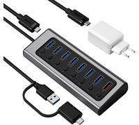 Hub USB 3.0 à 7 Ports avec Port de Charge BC 1.2, Chargeur Ultra Rapide GaN 45W Double Type C