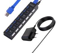 Hub USB 3.0, Alimenté 7 Ports avec Bloc d'alimentation 5V/1A, Multiport USB Et Lumière LED avec Interrupteurs Individuels et Port de Charge Intelligente 2.4A pour PC, Mac, Disque Dur