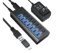 Hub USB 3.0 alimenté en aluminium, 7 ports USB SuperSpeed avec adaptateur d'alimentation 12 V/2 A et interrupteur marche/arrêt individuel pour Surface Pro, Windows, PC, ordinateur portable, ordinateur