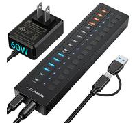 Hub USB 3.0 alimenté par ACASIS 16 ports (comprend 2 ports USB C 3.0 + 4 ports de charge intelligents) avec adaptateur d'alimentation 60 W, support mural, hub USB pour PC, ordinateur portable, Mac