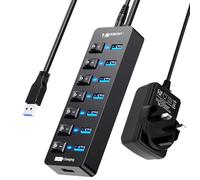 Hub USB 3.0 alimenté par VEMONT 7 ports et 1 port de charge intelligent USB avec alimentation 5 V/3 A, répartiteur d'extension USB avec interrupteurs marche/arrêt individuels et câble de 1,2 m de long