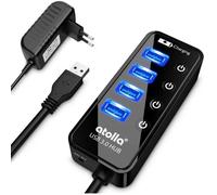 Hub USB 3.0 - Atolla - 4 Ports - Interrupteurs Individuels - Port de Chargement Intelligent - Noir