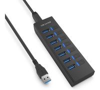 Hub USB 3.0 avec 7 ports USB-A, câble de 100 cm, connecteur d'alimentation 5 V et interrupteur séparé avec affichage LED pour Windows 10, Mac OS, iPad OS, Linux 2.6.14 et plus encore