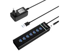 Hub USB 3.0 avec bloc d'alimentation : 7 ports USB Hub actif pour transfert de données ultra rapide, multiprise USB répartiteur avec pour PC, ordinateur portable, lecteur flash, disque dur mobile