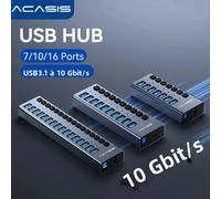 Hub USB 3.1 Acasis 16/10/7 ports avec interrupteur et témoin lumineux individuels, répartiteur de transfert de données 10 Gbit/s pour ordinateur de bureau, ordinateur portable et MacBook Pro 7 Ports E
