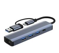 Hub USB 5 en 2 avec Ethernet, transfert de données USB 3.0 haute vitesse, 3 ports USB, connecteur de type C, port LAN 1000 Mbps, gris applicable aux ordinateurs portables Dell/HP/Mac/ordinateurs