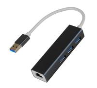 Hub USB-A Compact avec 3 Ports USB 3.0 et connecteur RJ45 Gigabit. Conçu pour connecter Plusieurs appareils et accéder au réseau.