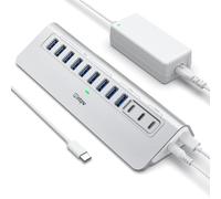 Hub USB alimenté 10 Gbit/s, intpw YH9AC Hub USB C 12 ports avec 10 Gbit/s USB C 3.2 + 2 USB A 3.2, 7 USB 3.0, 2 ports de charge PD 45 W, adaptateur d'alimentation 65 W + câble de 1 m, hub USB en