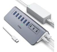 Hub USB alimenté 10 Gbit/s, répartiteur USB intpw 9 ports avec USB A/USB C 3.2, 4 USB 3.0, 2 ports de charge PD 45 W, adaptateur d'alimentation 65 W + câble de 1 m, hub d'extension USB en aluminium