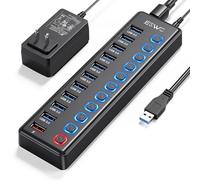 Hub USB alimenté, concentrateur JESWO 11 ports USB 3.0, 10 ports de transfert de données USB 3.0 + 1 port de charge intelligent, hub USB alimenté par des interrupteurs marche/arrêt LED individuels et