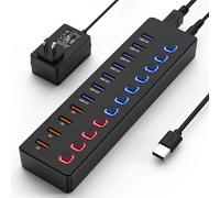 Hub USB alimenté, hub USB C, répartiteur de hub à 11 ports (7 ports USB 3.0 de transfert de données + 4 ports de charge intelligent), interrupteur non encastré (avec
