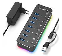 Hub USB Alimenté, RSHTECH Aluminium USB 3.0 Hub 7 Ports RGB, 14 Modes d'éclairage RGB, Alimentation 5V/4A, Interrupteur Tactile et Câble de Données (Type A/C), USB Hub Lumineux pour Jeux, RSH-518R