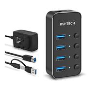 Hub USB Alimenté, RSHTECH Hub USB 3.0 Aluminium avec 4 Ports USB 3.0, Alimentation 10W(5V/2A), Câble de Données Hybride 2 en 1 (Type A/Type-C) et Interrupteurs Individuels, RSH-ST04