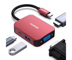 HUB USB C 4 en 1, BENFEI adaptateur USB C vers HDMI VGA, adaptateur USB Type-C vers USB, compatible pour MacBook Pro/Air, iPhone 15 Plus Pro Max, Surface Book 2, Dell XPS 13/15,Pixelbook et plus-Rouge