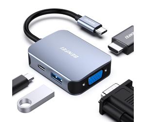 HUB USB C 4 en 1, BENFEI adaptateur USB C vers HDMI VGA, adaptateur USB Type-C vers USB, compatible pour MacBook Pro/Air, iPhone 15 Plus Pro Max, Surface Book 2, Dell XPS 13/15,Pixelbook et plus- Gris