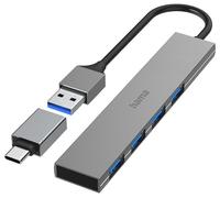 Hama Hub USB, 4 Ports, USB 3.2 Gen1, 5 Gbit/s, Ultra Slim avec Adaptateur USB-C, Garantie 30 Ans, Gris
