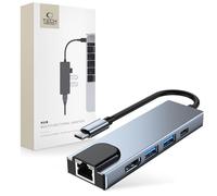 Tech-Protect V3-Hub Adaptateur 5 en 1 - Adaptateur USB-C avec 4K HDMI, 2X USB, USB-C, LAN RJ45 | pour Ordinateurs Portables avec Port USB Type-C | Gris