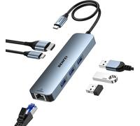 HUB USB C 6-en-1 avec HDMI(4K@60Hz), Gigabit Ethernet, 100W PD, 3*USB 3.0, câble en Silicone, boîtier en Aluminium Compatible avec iPhone 15 Pro/Max, MacBook, iPad Pro, iMac, S23, XPS17