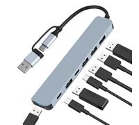 Hub USB-C 7-en-2 Double Entrée Adaptateur Multiport avec 4X USB 2.0, 1x USB 3.0, 2X Ports Données USB-C Compatible avec MacBook,PC Portables,Tablettes,Smartphones,Ordinateur de Bureau