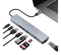 Hub USB-C 8-en-1 en Aluminium avec Excellente Dissipation Thermique, HDMl 4K@60Hz, Ethernet Gigabit, PD 100 W, USB-C 10 GB/s, USB 3.0, SD/TF - Ultra-Mince, Compatible MacBook, iPhone, Windows, iPad