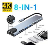 Hub USB-C -8 in 1- 4K HDMI, USB-C 3.1, USB /3.0/2.0, RJ45, TF/SD, 100W PD Charge
