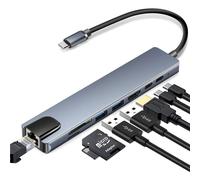 Hub USB-C 8 ports avec USB, UBC PD, HDMI, RJ45, carte mémoire Gris
