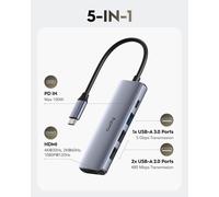 Hub Usb C,Adaptateur Multiport Usb C 5 En 1 Avec Pd 100 W,Hdmi 4K,3 Ports De Données Usb-A,Hub Usb De Type C En Aluminium Pour Macbook,Iphone 15/16,Galaxy,Surface Go,Xps,Ipad,Uh405