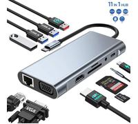 HUB USB C Adaptateur USB C 11 en 1 avec 4K-HDMI VGA USB 3.0 Type C PD Ethernet RJ45 Lecteur de Carte SD/TF AUX 3 Étiquette