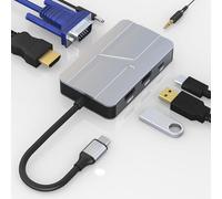 Hub USB C avec adaptateur USB-C 4K HDMI VGA USB3.0 3,5 mm audio USB-C 5 V 1 A pour obtenir l'alimentation pour MacBook Pro Air et autres appareils de type C