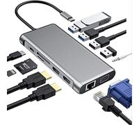 Hub USB C Dual HDMI 4K, USB C Docking Station 12 en 1 USB C vers USB 3.0x2, USB 2.0x2, Ethernet RJ45, Type C PD100W,Recharge,Prise Micro,Lecteur de Carte SD&Micro SD pour PC Portable Tablette