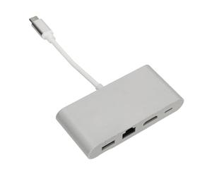 Hub USB C en Alliage d'aluminium 4 en 1, Adaptateur multiport, répartiteur avec USB 3.0 de Type C, Gigabit LAN, RJ45, Interface multimédia HD, Argent