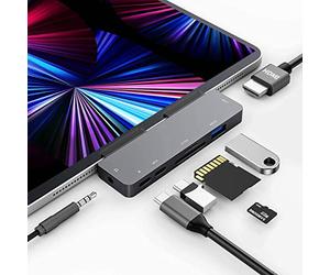 Hub USB C pour iPad Pro M4 M2 M1 2024-2018,7en1 Type C Adaptateur avec HDMI 4K,Prise Casque 3.5mm,Port de Charge USB C PD 60W,Port USB3.0,Slot de Carte SD/TF,USB C Data,iPad Air 4/5,iPad Mini 6