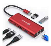 Hub USB C, UtechSmart 6 en 1 Adaptateur USB C vers HDMI avec 1000M Ethernet, PD 100W Charging Port, 3 USB 3.0 Ports Adapter Compatible pour MacBook Pro, Chromebook et Périphériques USB C (Rouge)